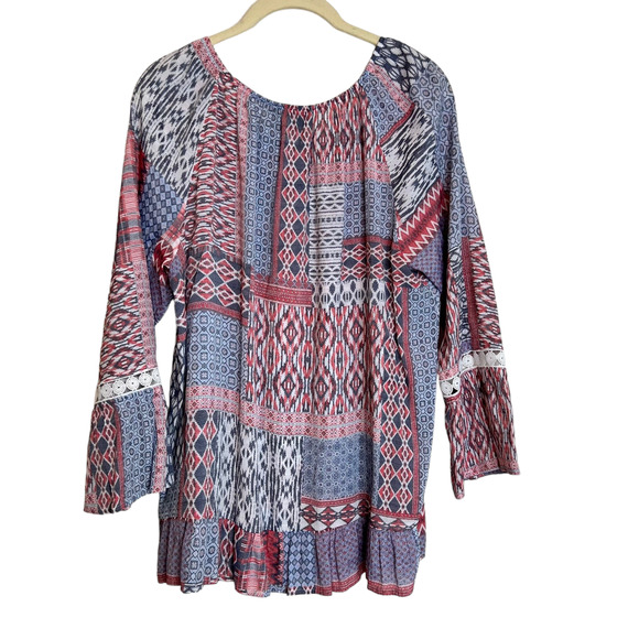 Fred David Womens Tunic Blouse Large Blue Pink Mixed Patchwork Print Bell Cuffs - Picture 4 of 7